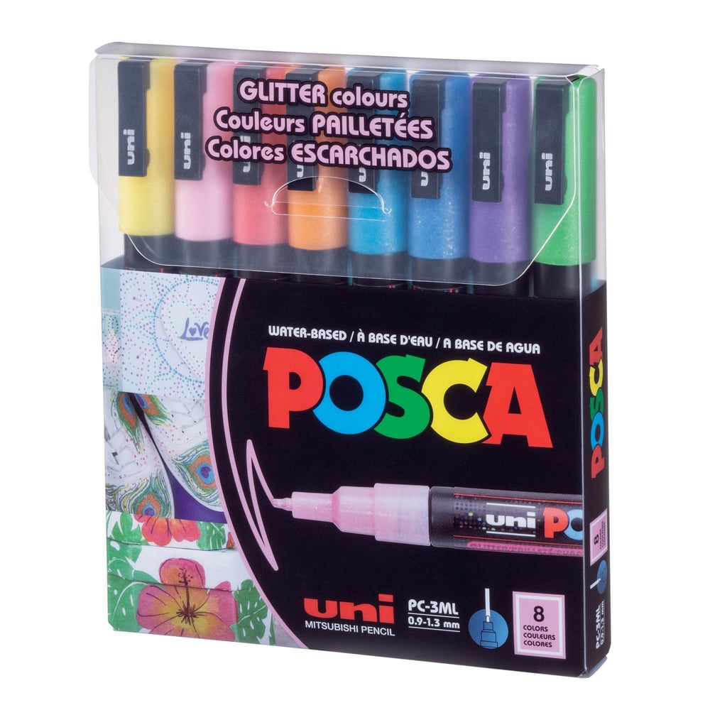 Uni Posca PC-3ML Simli Poster Markörü 8’li Set (0,9–1,3 mm) – Parıltılı Renkler