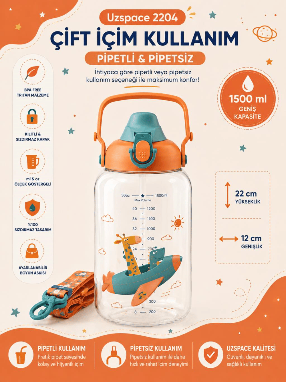 Uzspace 2204 Turuncu 1500 ml Çift İçim Ölçek Göstergeli Tritan Çocuk Su Matarası