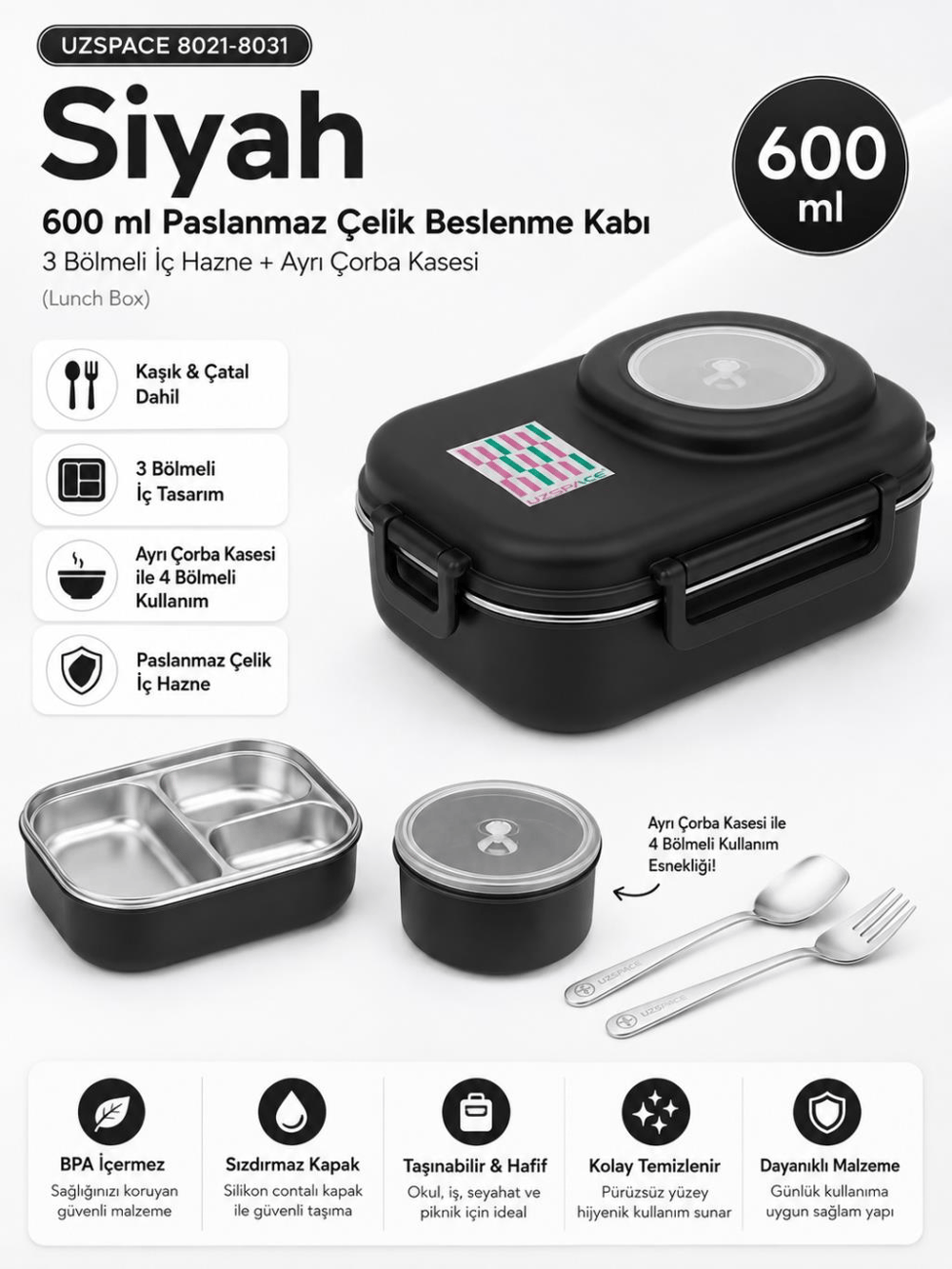 Uzspace 8021-8031 Siyah 600 ml 4 Bölmeli Paslanmaz Çelik Beslenme Kabı (Lunch Box)