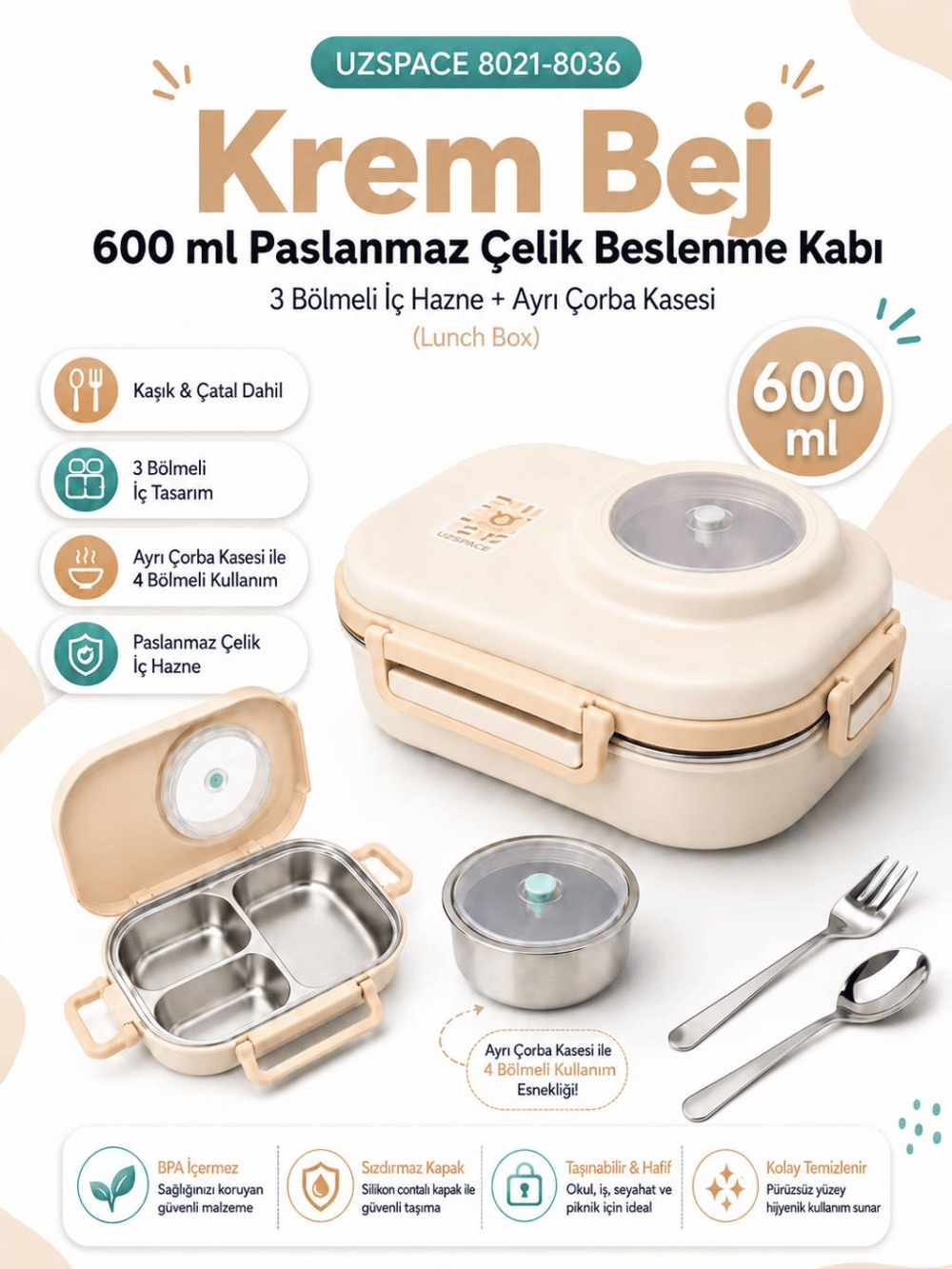 Uzspace 8021-8036 Krem Bej 600 ml 4 Bölmeli Paslanmaz Çelik Beslenme Kabı (Lunch Box)