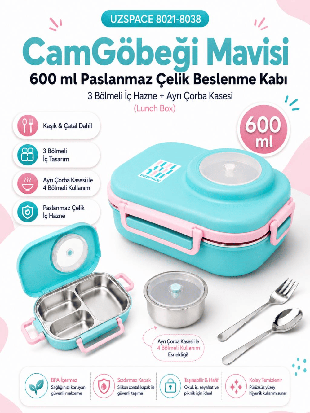Uzspace 8021-8038 CamGöbeği Mavisi 600 ml 4 Bölmeli Paslanmaz Çelik Beslenme Kabı (Lunch Box)