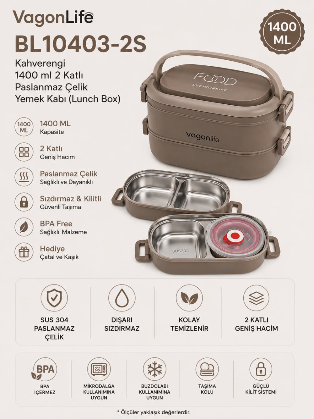 Vagon Life BL10403-2S Kahverengi 1400 ml 2 Katlı Paslanmaz Çelik Lunch Box Beslenme Kabı