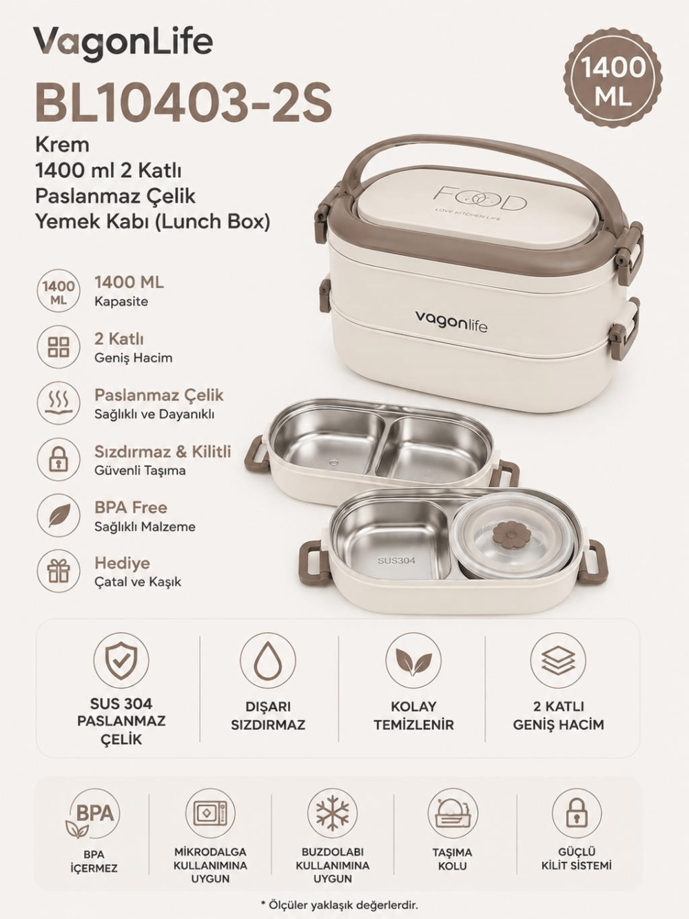 Vagon Life BL10403-2S Krem 1400 ml 2 Katlı Paslanmaz Çelik Lunch Box Beslenme Kabı
