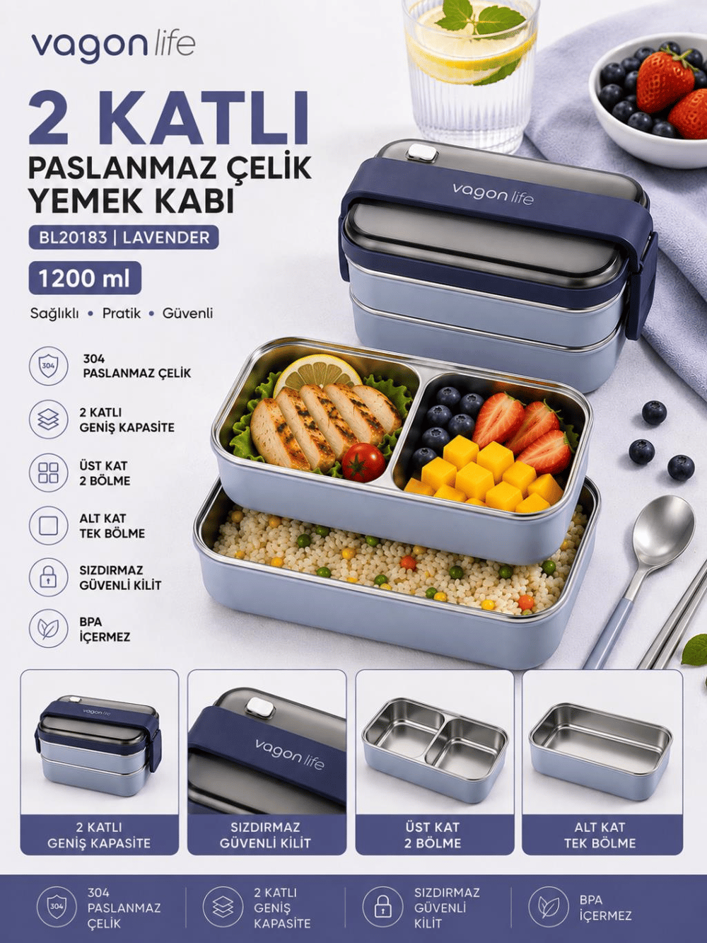 Vagon Life BL20183 Lacivert 1200 ml 2 Katlı 3 Bölmeli Paslanmaz Çelik Yemek Kabı (Lunch Box)