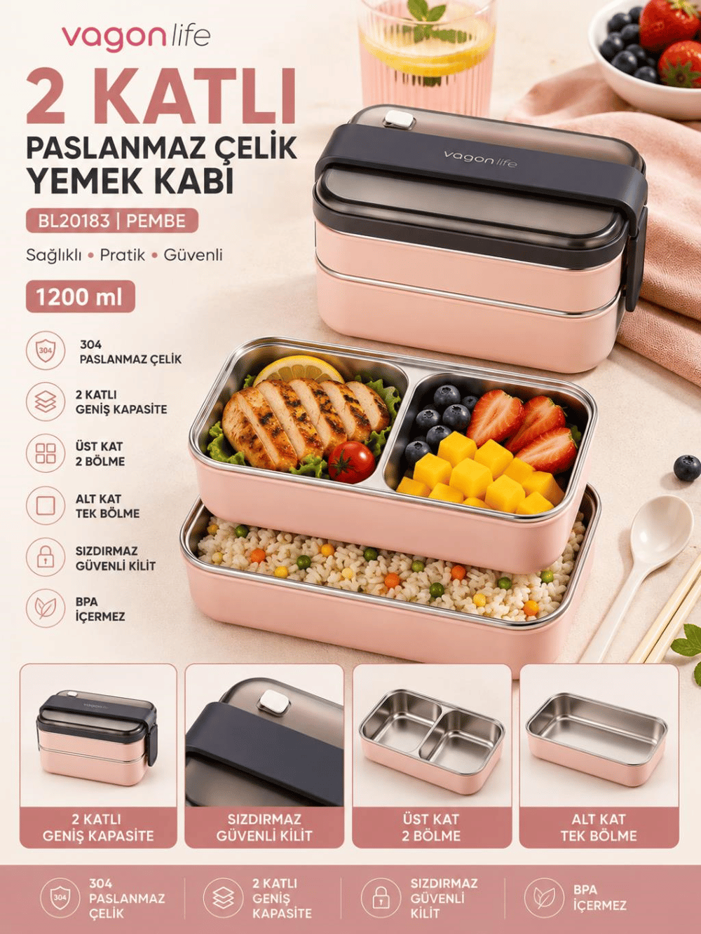 Vagon Life BL20183 Pembe 1200 ml 2 Katlı 3 Bölmeli Paslanmaz Çelik Yemek Kabı (Lunch Box)
