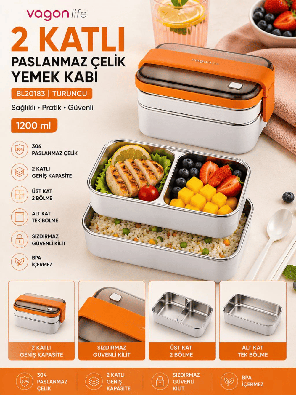 Vagon Life BL20183 Turuncu 1200 ml 2 Katlı 3 Bölmeli Paslanmaz Çelik Yemek Kabı (Lunch Box)