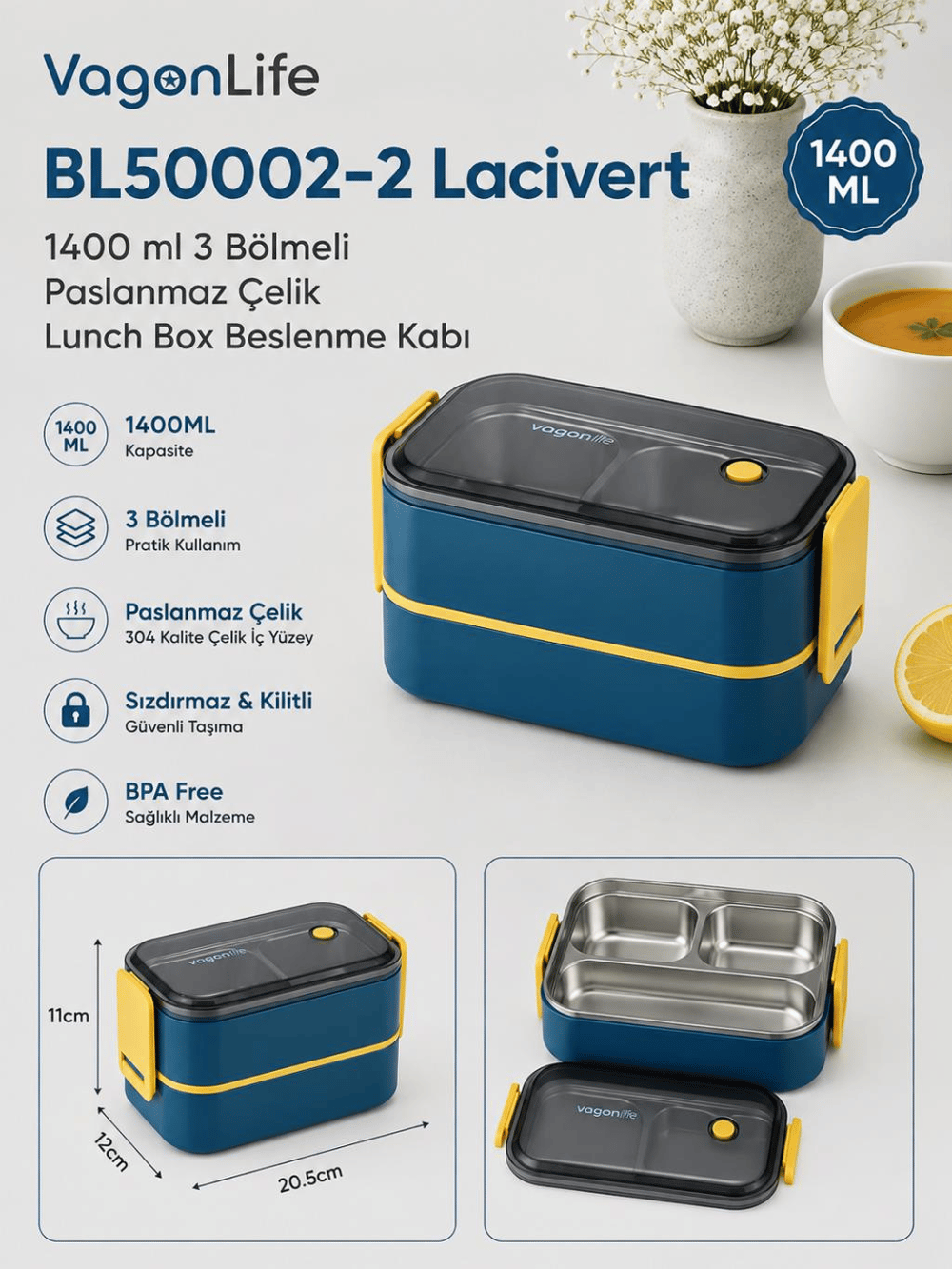 Vagon Life BL50002-2 Mavi 1400 ml 3 Bölmeli Paslanmaz Çelik Lunch Box Beslenme Kabı