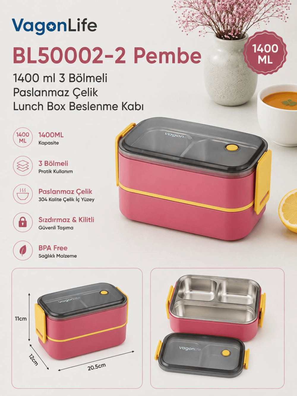Vagon Life BL50002-2 Pembe 1400 ml 3 Bölmeli Paslanmaz Çelik Lunch Box Beslenme Kabı