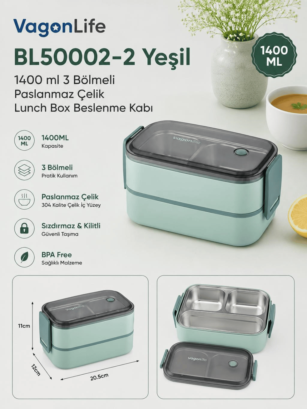 Vagon Life BL50002-2 Yeşil 1400 ml 3 Bölmeli Paslanmaz Çelik Lunch Box Beslenme Kabı