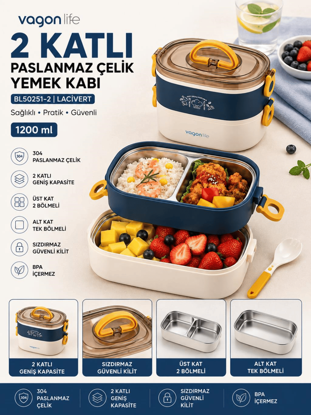 Vagon Life BL50251-2 Lacivert 1200 ml 2 Katlı 3 Bölmeli Paslanmaz Çelik Yemek Kabı (Lunch Box)