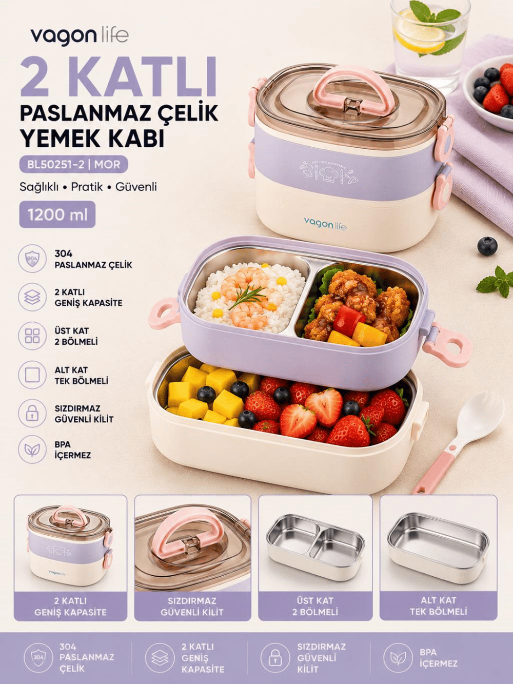 Vagon Life BL50251-2 Mor 1200 ml 2 Katlı 3 Bölmeli Paslanmaz Çelik Yemek Kabı (Lunch Box)