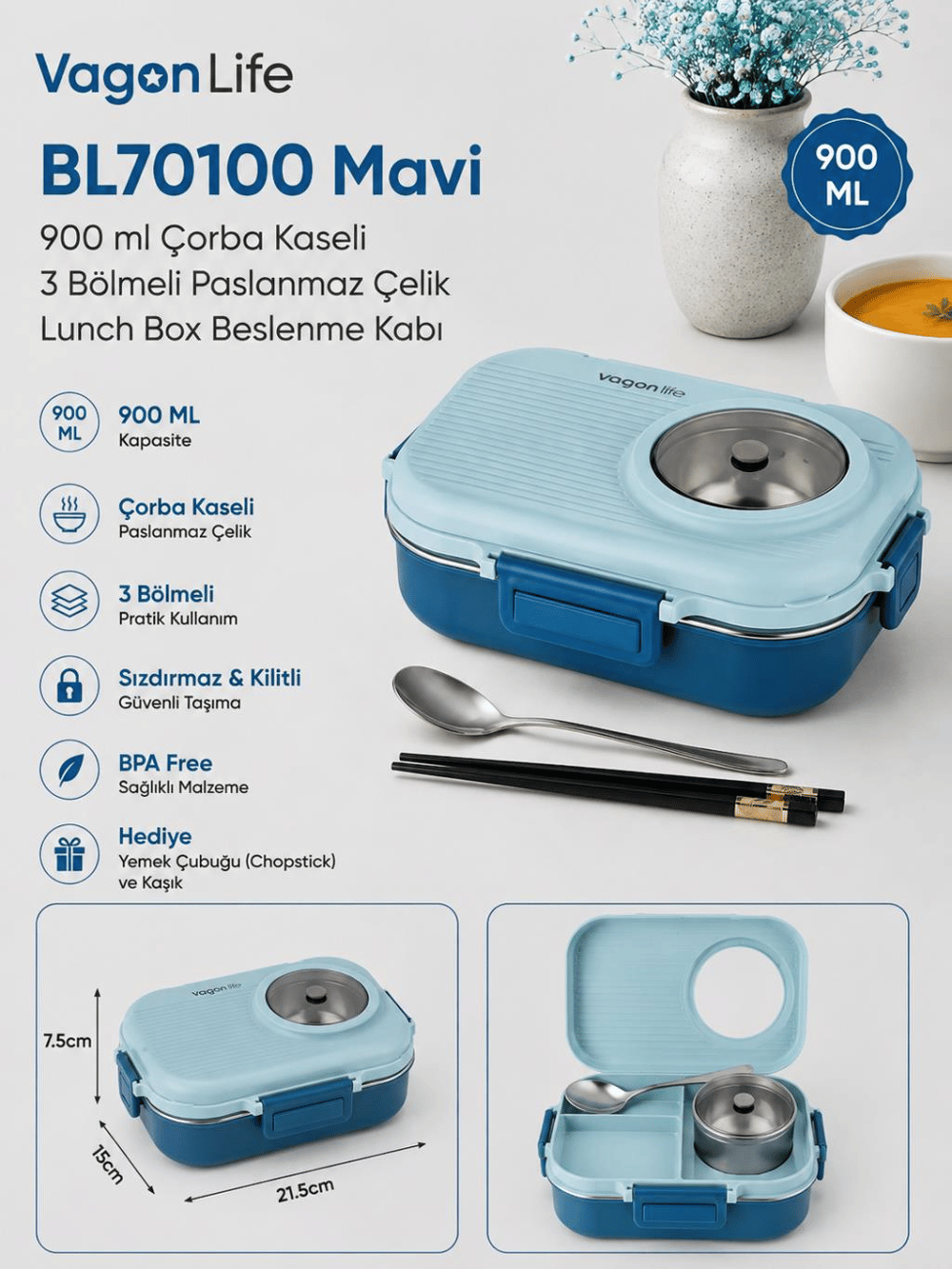 Vagon Life BL70100 Mavi 900 ml Çorba Kaseli 3 Bölmeli Paslanmaz Çelik Lunch Box Beslenme Kabı