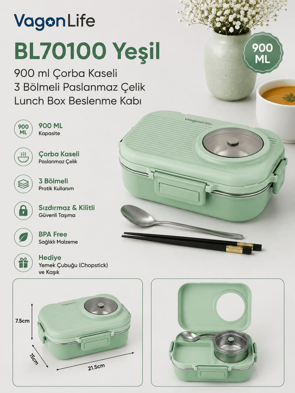 Vagon Life BL70100 Yeşil 900 ml Çorba Kaseli 3 Bölmeli Paslanmaz Çelik Lunch Box Beslenme Kabı