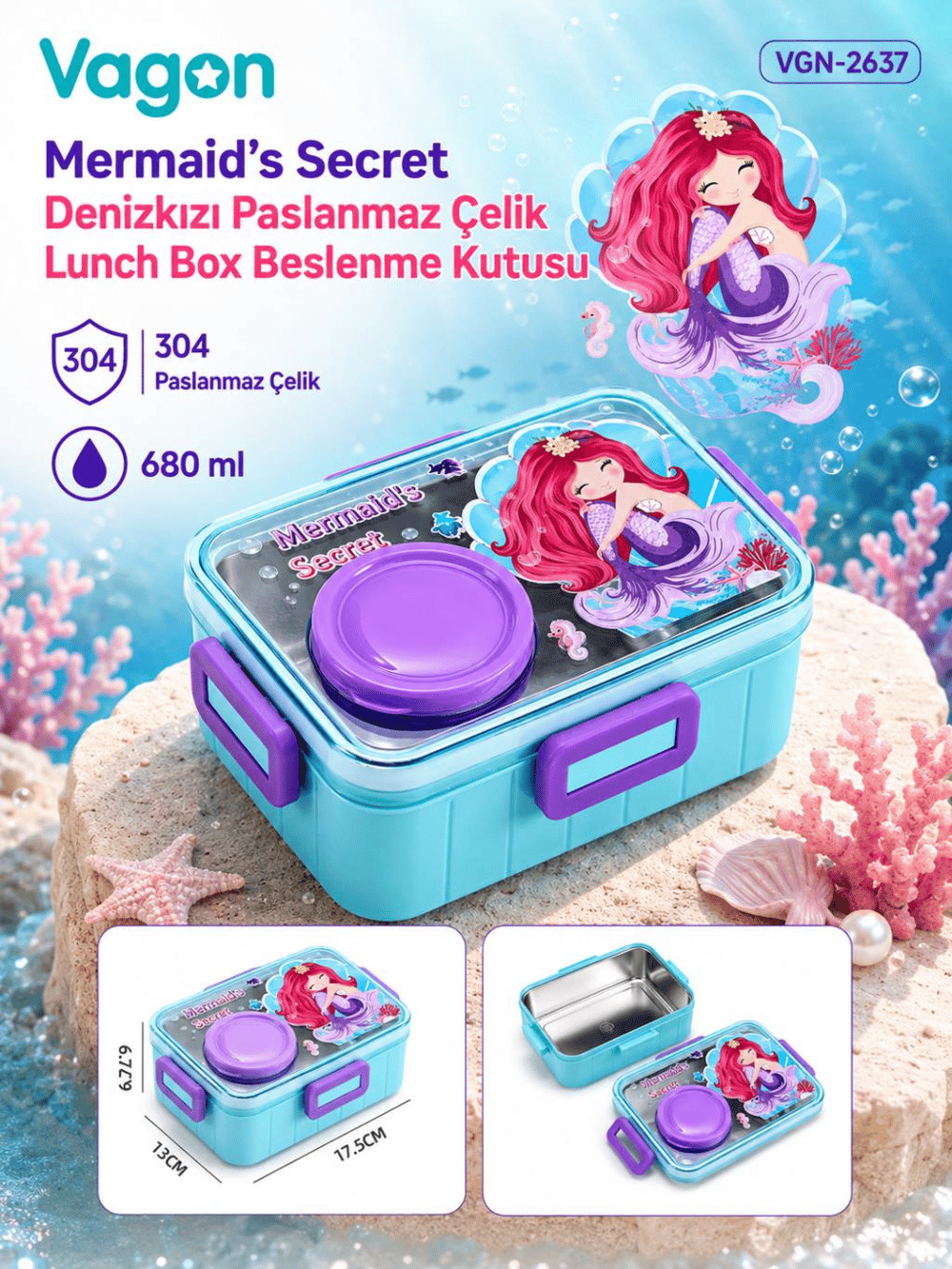 Vagon Life Mermaid's Secret Denizkızı Paslanmaz Çelik Lunch Box Beslenme Kutusu VGN-2637