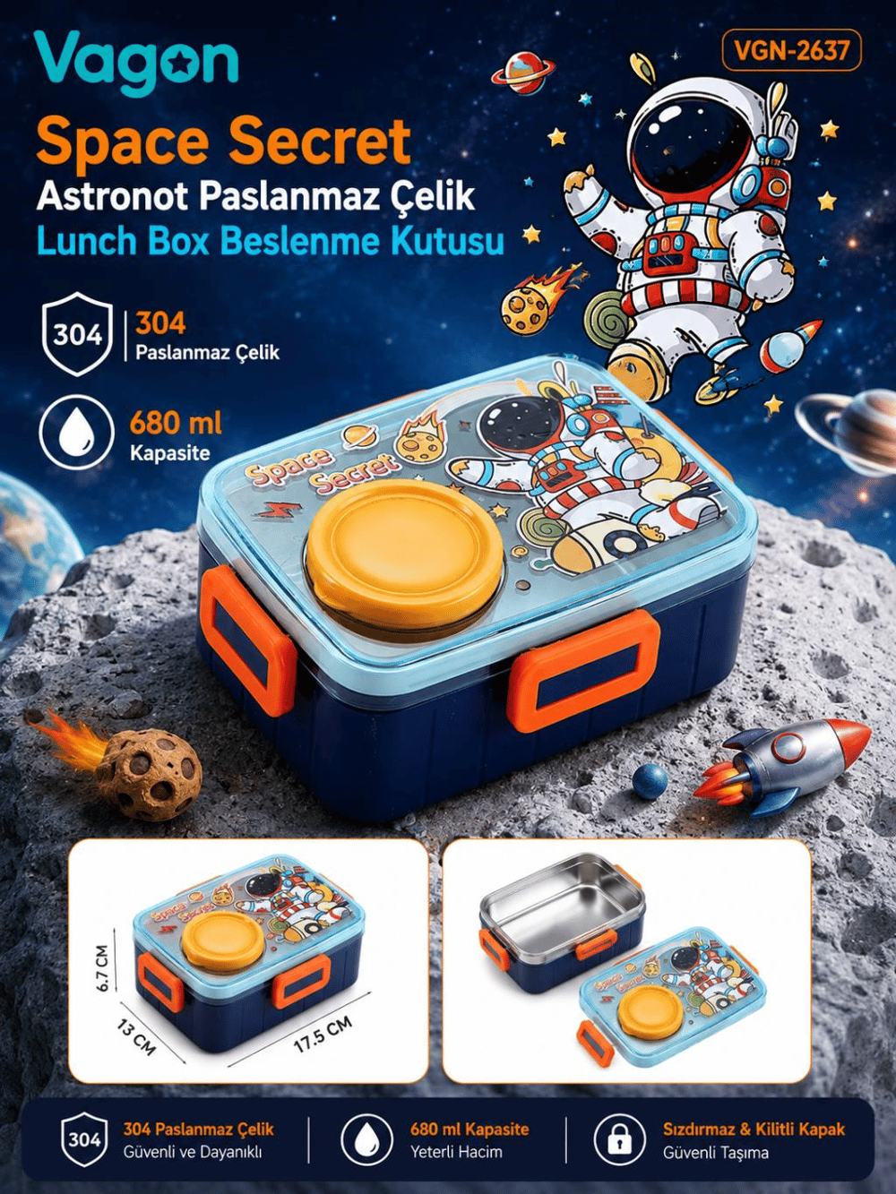 Vagon Life Space Secret Astronot Paslanmaz Çelik Lunch Box Beslenme Kutusu VGN-2637