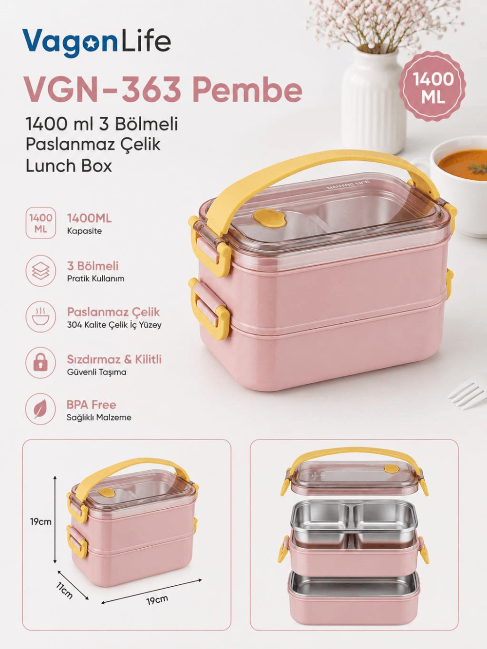 Vagon Life VGN-363 Pembe 1400 ml 3 Bölmeli Paslanmaz Çelik Yemek Kabı (Lunch Box)