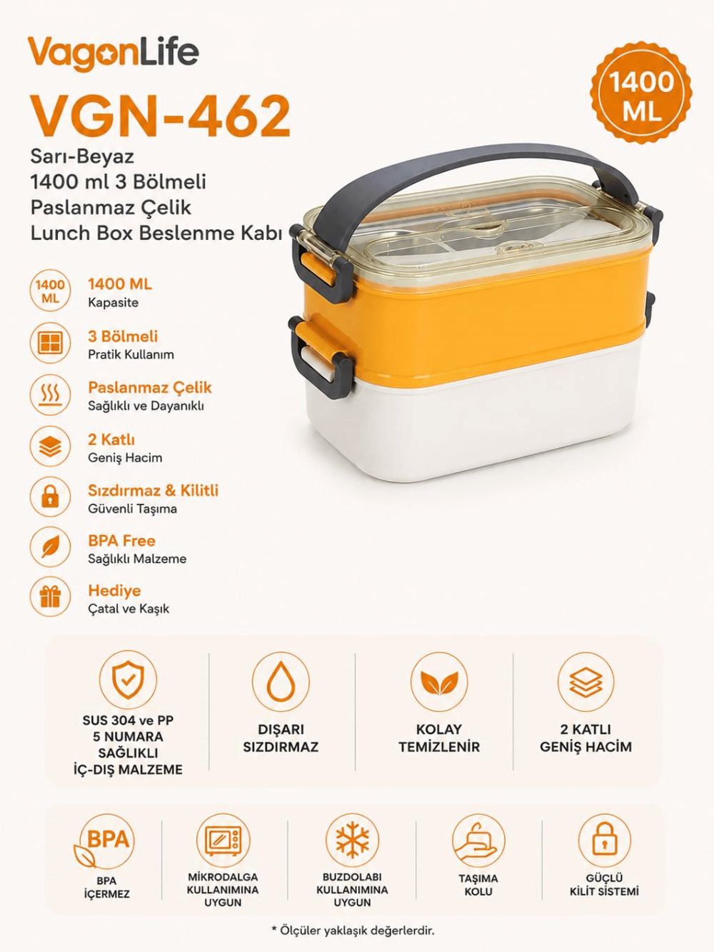 Vagon Life VGN-462 Sarı-Beyaz 1400 ml 3 Bölmeli Paslanmaz Çelik Lunch Box Beslenme Kabı
