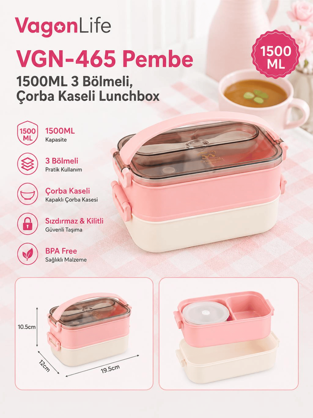 Vagon Life VGN-465 Pembe 1500 ml Kapasiteli 3 Bölmeli Çorba Kaseli Lunch Box Beslenme Kabı