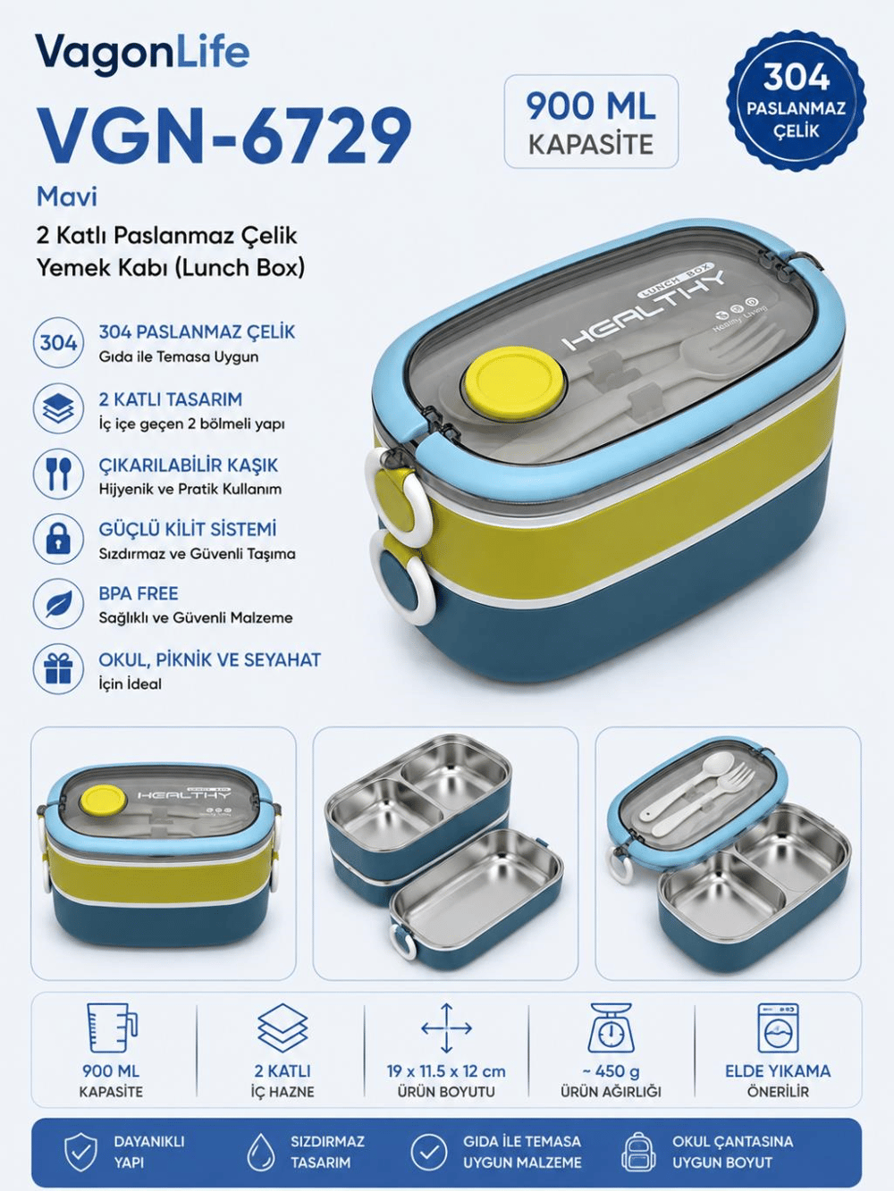 Vagon Life VGN-6729 Mavi 900 ml 2 Katlı Paslanmaz Çelik Yemek Kabı (Lunch Box)