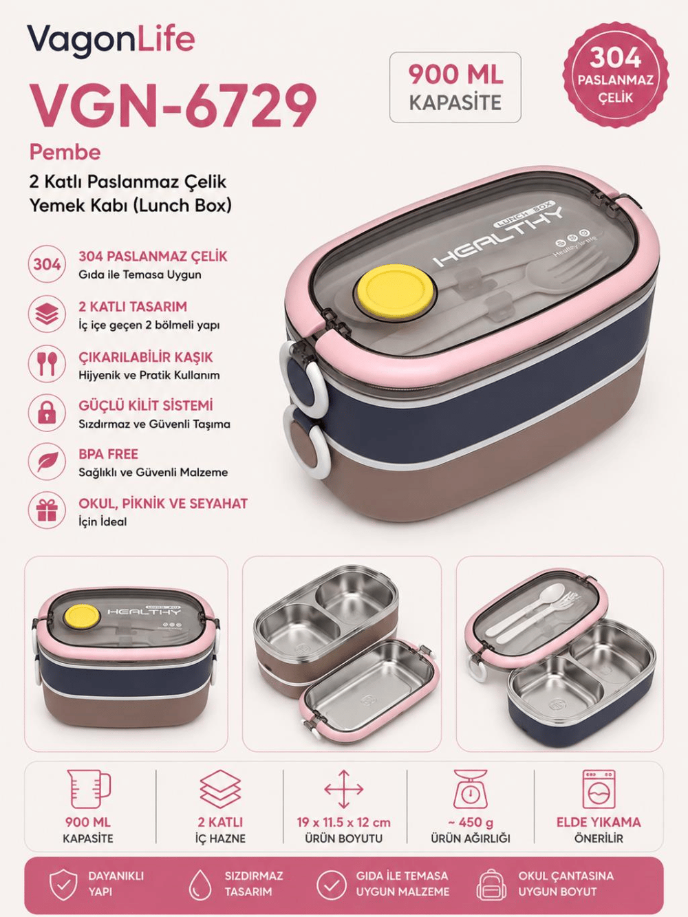Vagon Life VGN-6729 Pembe 900 ml 2 Katlı Paslanmaz Çelik Yemek Kabı (Lunch Box)