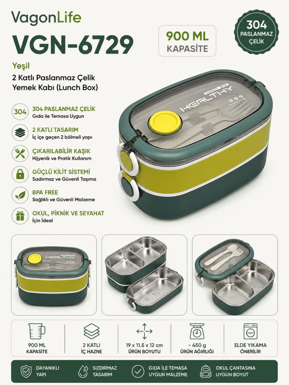 Vagon Life VGN-6729 Yeşil 900 ml 2 Katlı Paslanmaz Çelik Yemek Kabı (Lunch Box)