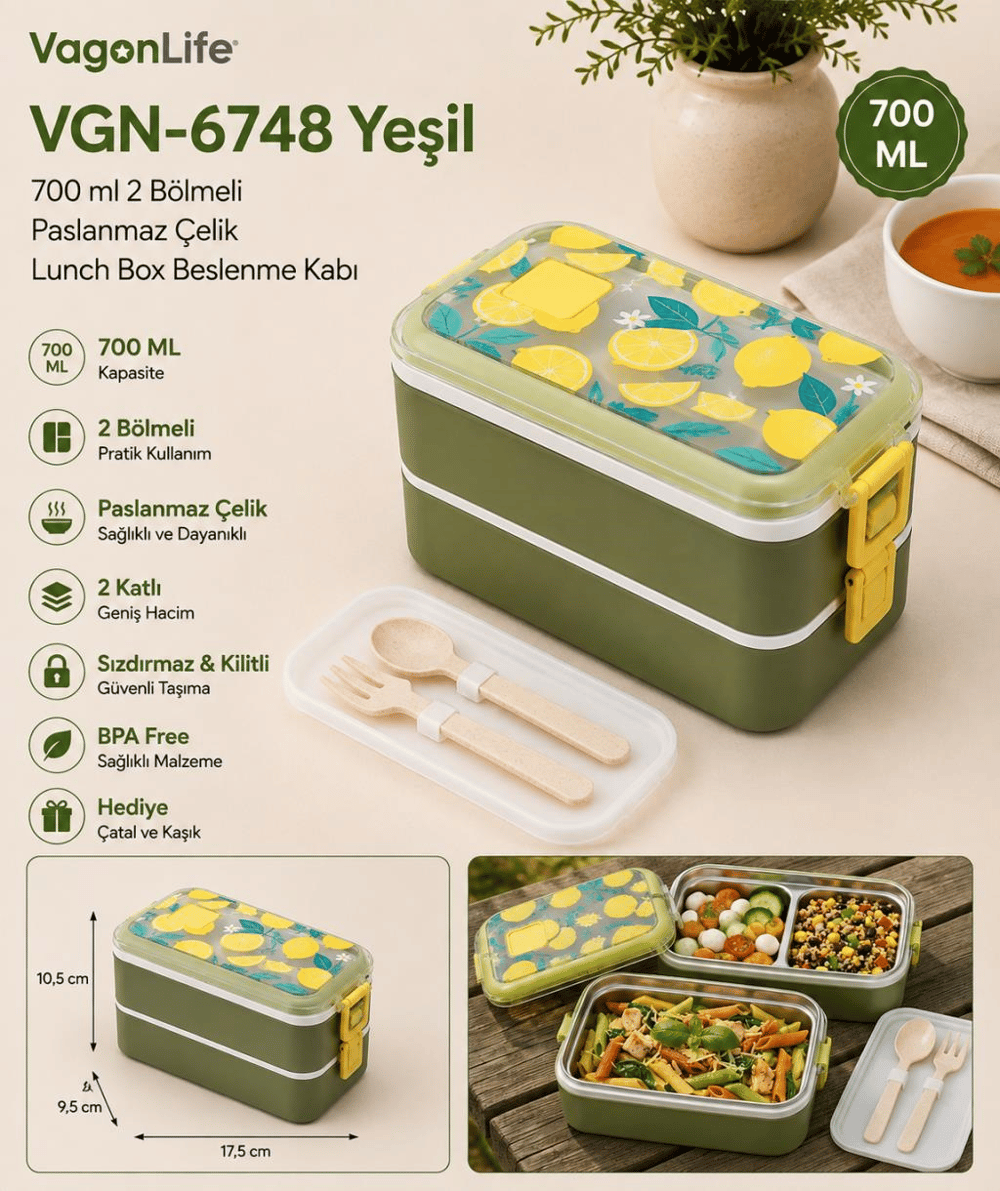 Vagon Life VGN-6748 Yeşil 700 ml 2 Katlı Paslanmaz Çelik Lunch Box Beslenme Kabı