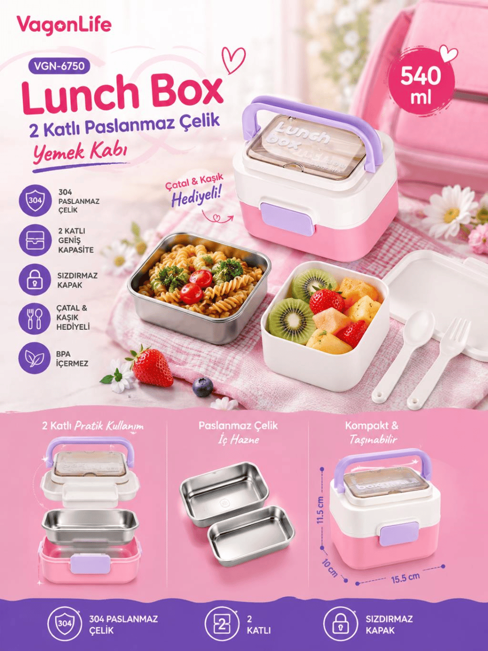Vagon Life VGN-6750 Pembe 540 ml Çatal Kaşıklı 2 Katlı Paslanmaz Çelik Yemek Kabı (Lunch Box)