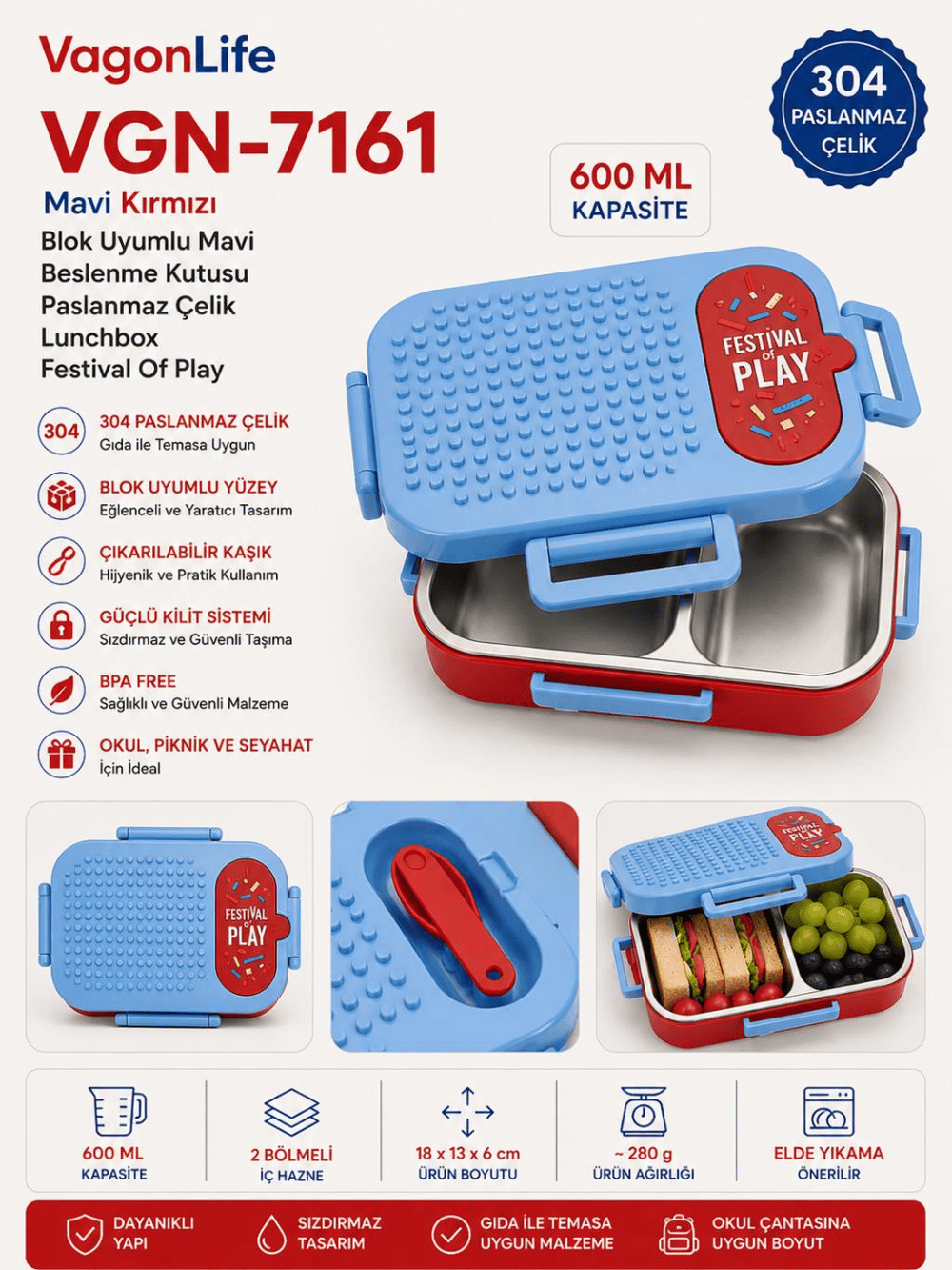Vagon Life VGN-7161 Blok Uyumlu Mavi Kırmızı Paslanmaz Çelik Lunch Box Beslenme Kutusu