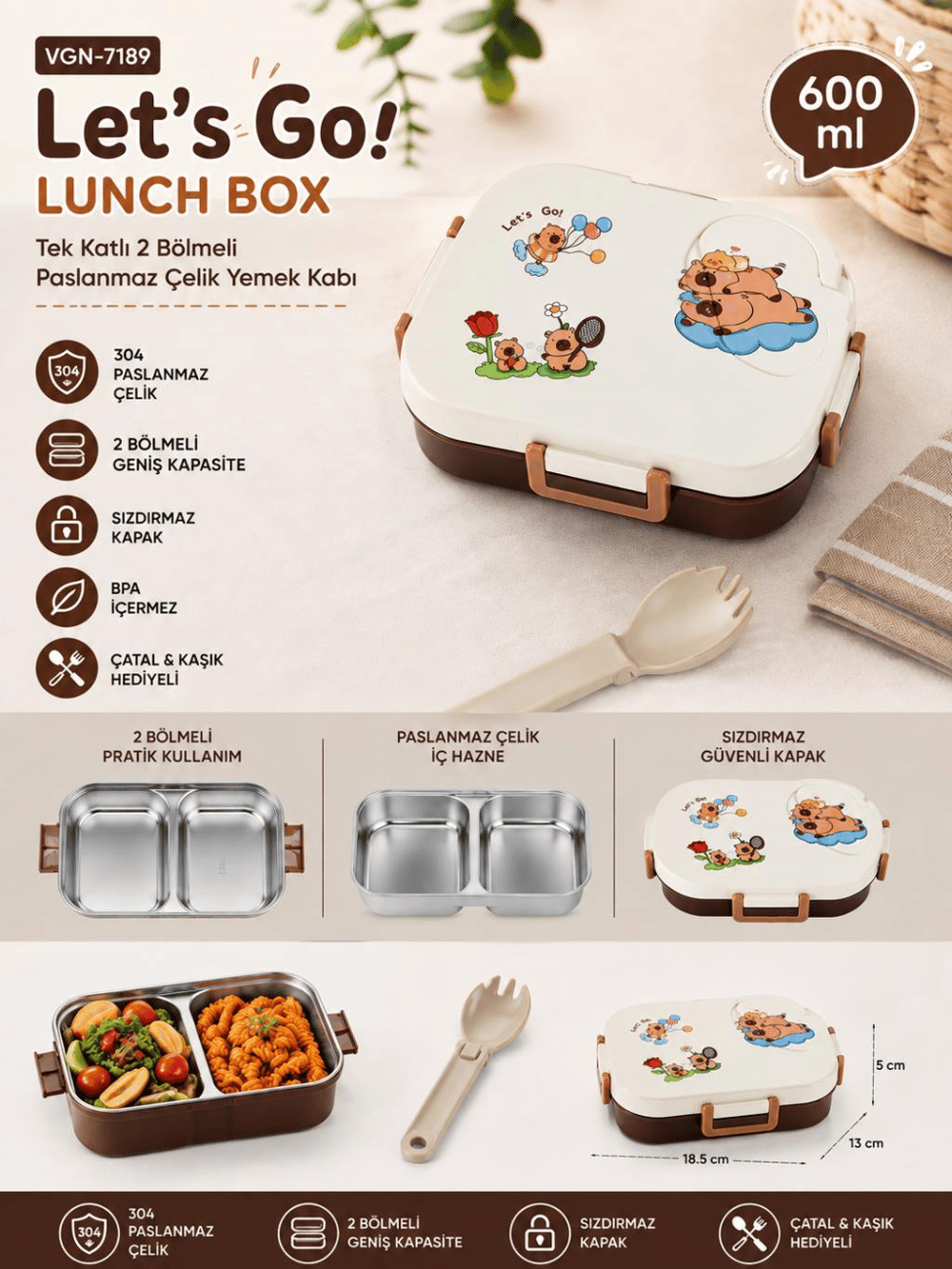 Vagon Life VGN-7189 Let's Go 600 ml Tek Katlı 2 Bölmeli Paslanmaz Çelik Yemek Kabı (Lunch Box)