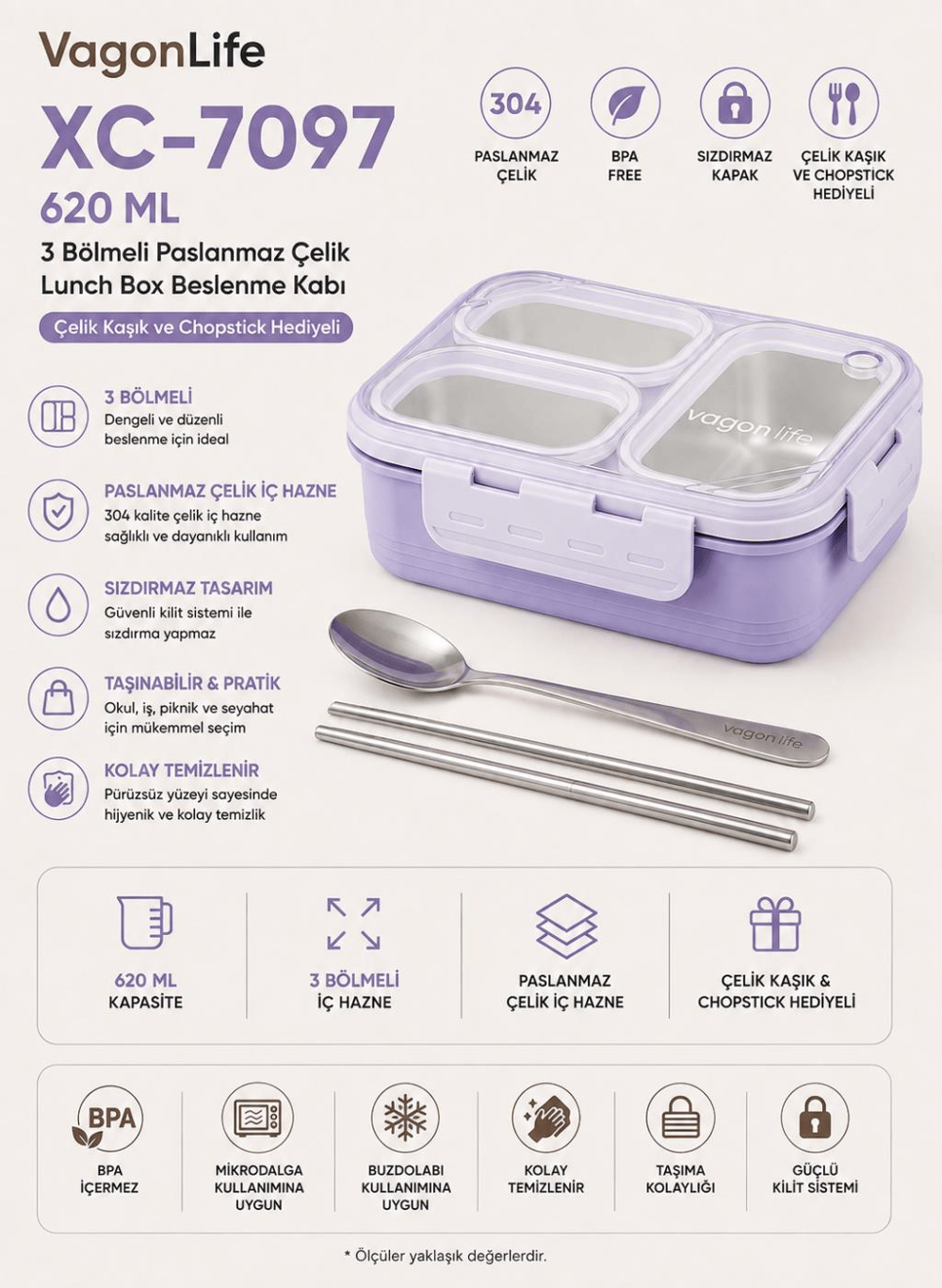 Vagon Life XC-7097 620 ml Mor 3 Bölmeli Paslanmaz Çelik Lunch Box Beslenme Kabı | Çelik Kaşık ve Chopstick Hediyeli