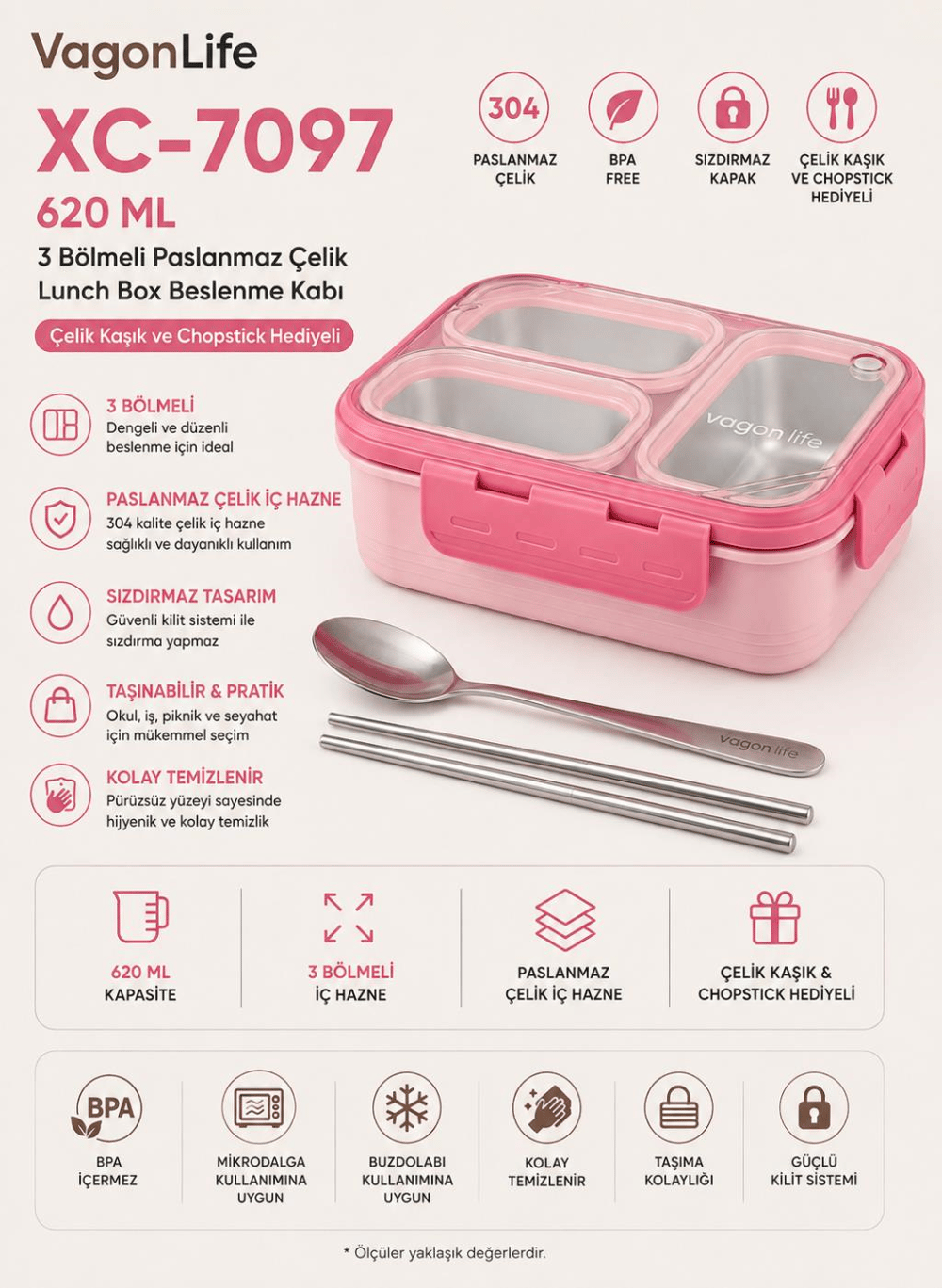 Vagon Life XC-7097 620 ml Pembe 3 Bölmeli Paslanmaz Çelik Lunch Box Beslenme Kabı | Çelik Kaşık ve Chopstick Hediyeli