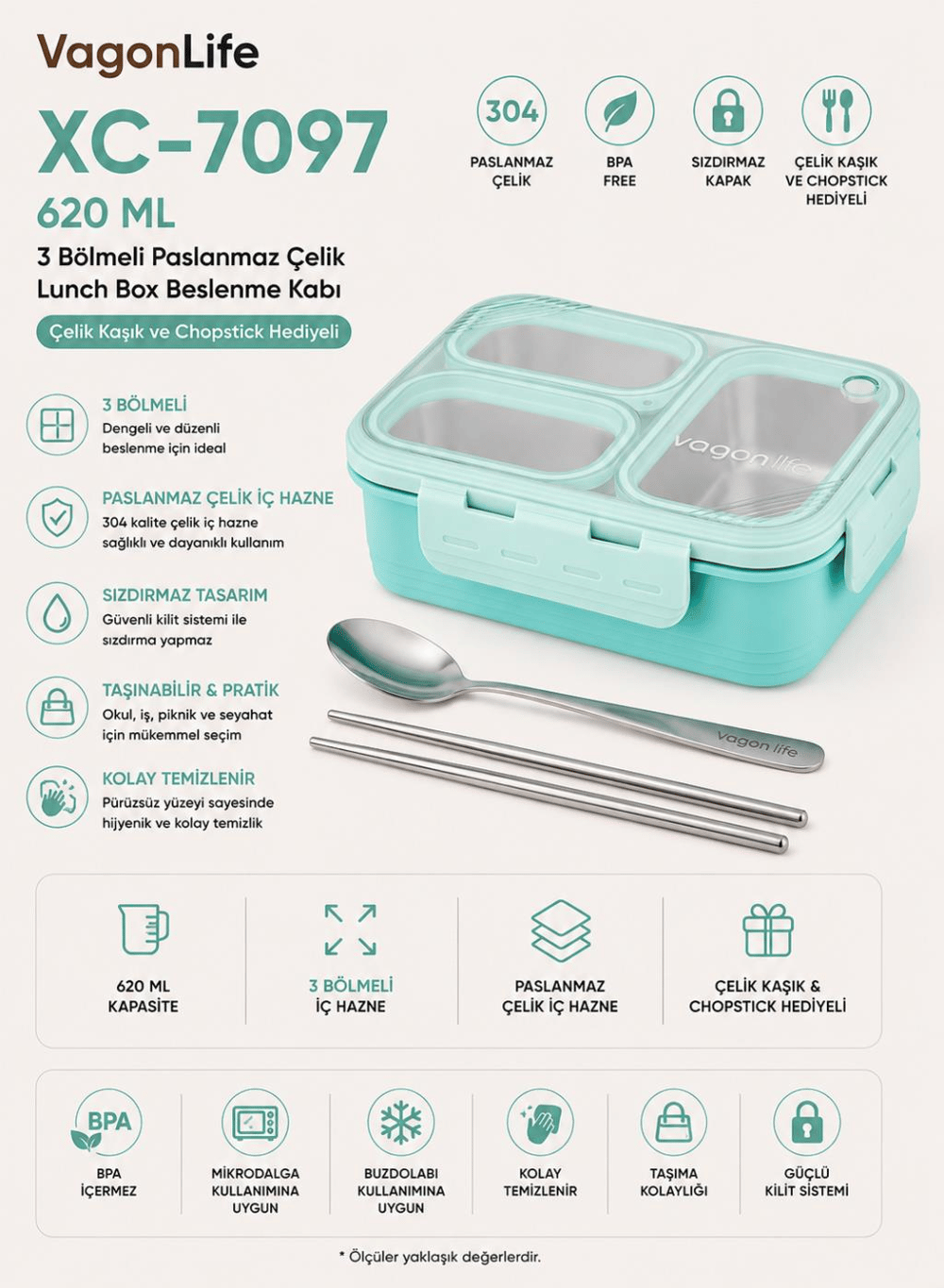 Vagon Life XC-7097 620 ml Yeşil 3 Bölmeli Paslanmaz Çelik Lunch Box Beslenme Kabı | Çelik Kaşık ve Chopstick Hediyeli