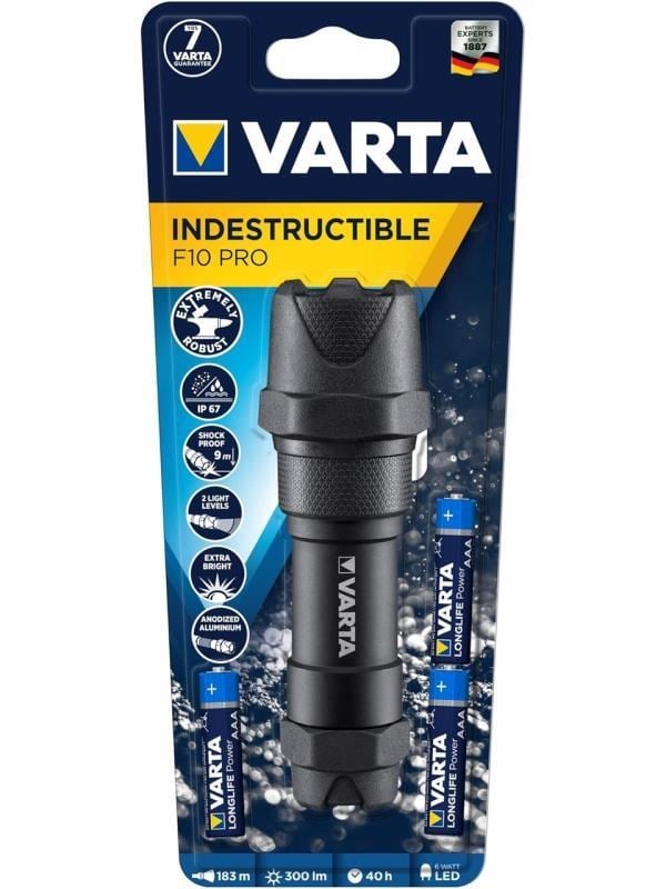 VARTA Indestructible F10 Pro LED El Feneri – 300 Lümen, IP67, 9 m Darbe Dayanımı (3x AAA Pil Dahil)