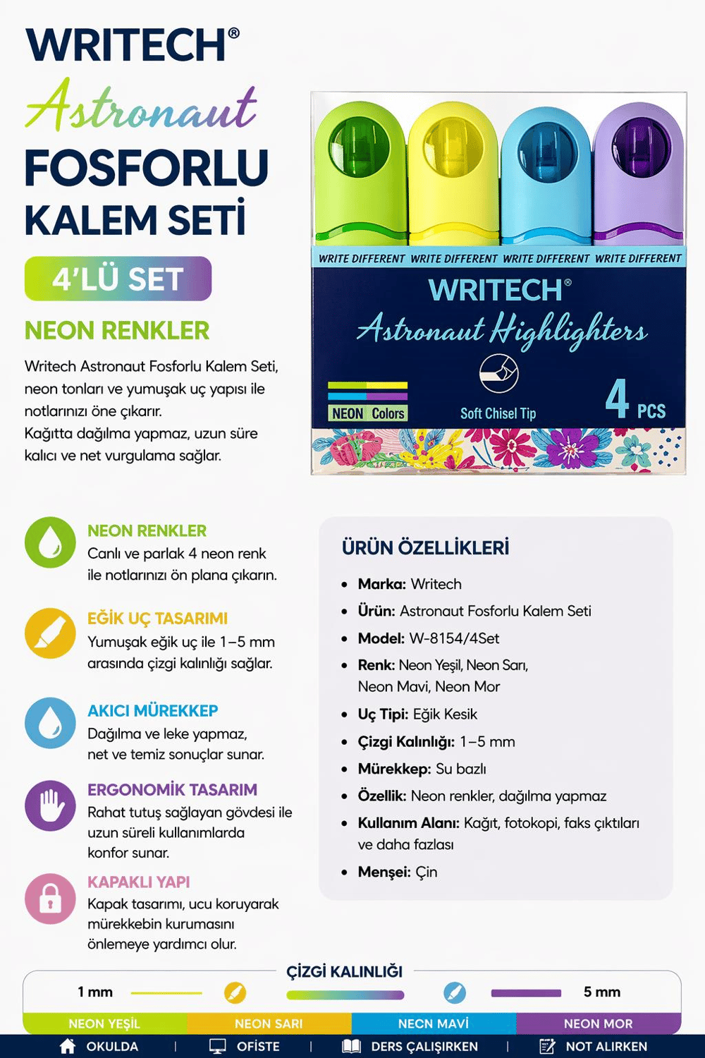 Writech Astronot Fosforlu Kalem Seti Neon Renkler 4'lü Set - W-8154/4Set