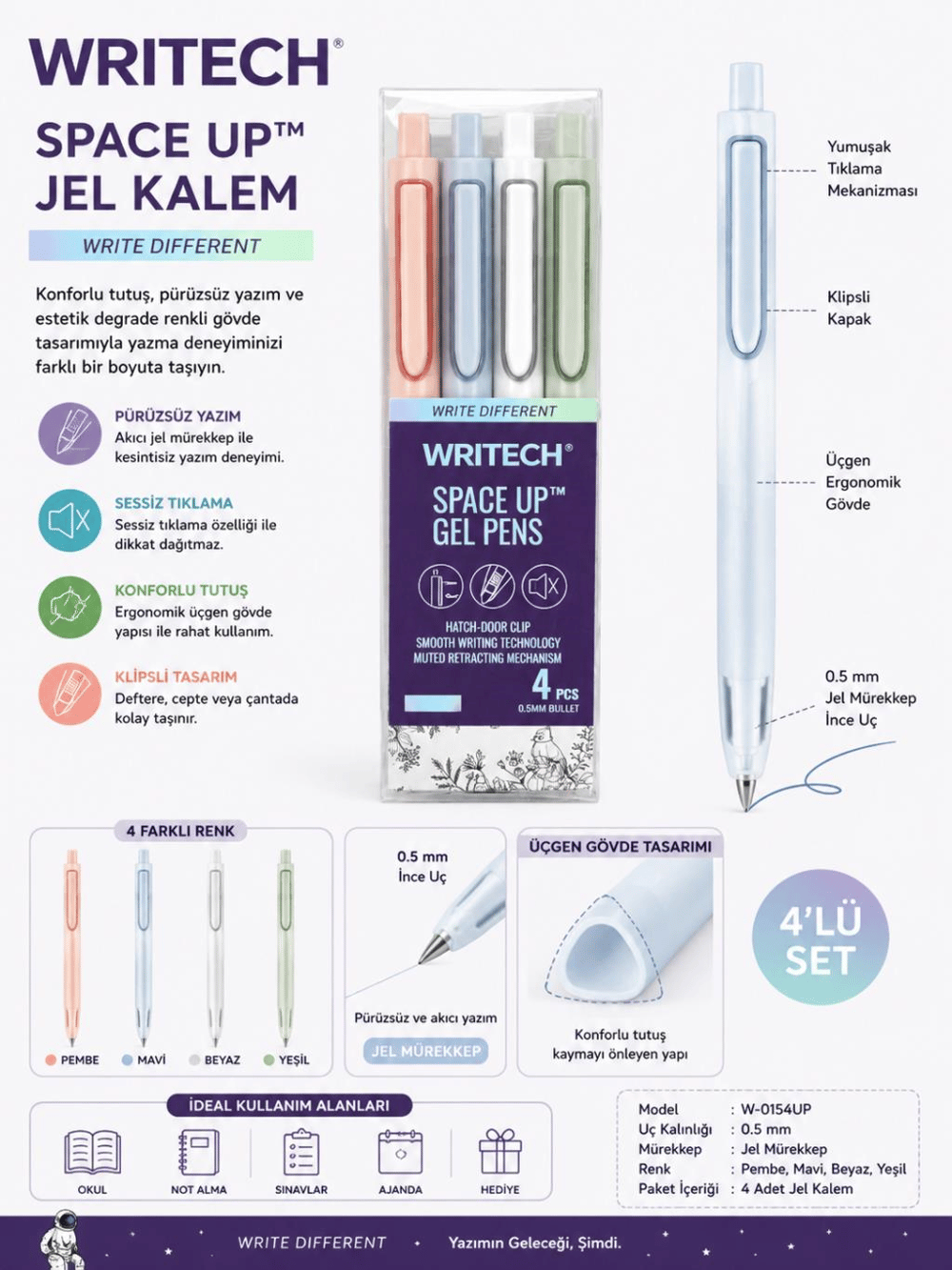 Writech W-0154UP 0.5MM Mavi Jel Kalem 4-lü