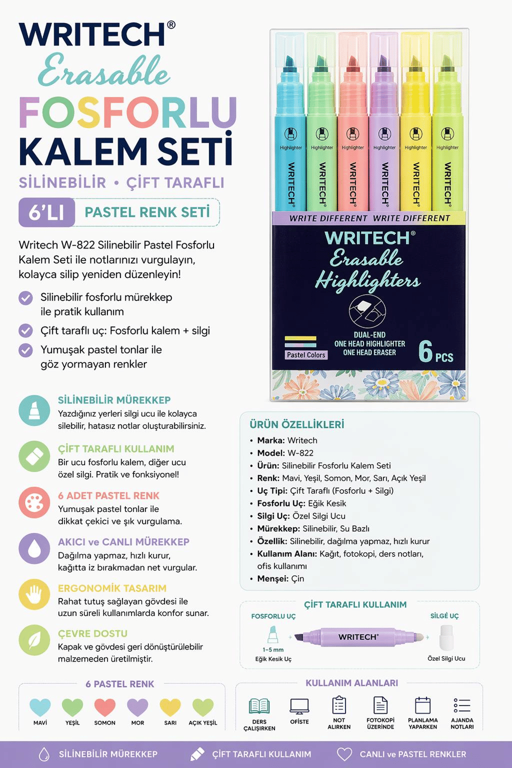 Writech W-822 Silinebilir Pastel 6 Renk Fosforlu Kalem
