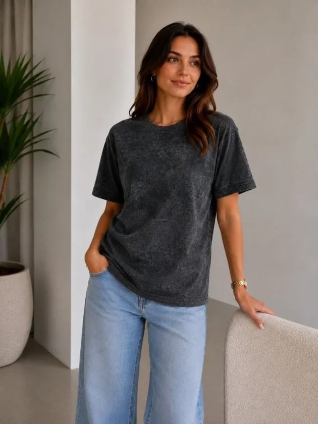 Batik Desenli Tişört Bisiklet Yaka Kısa Kol Regular Fit T-shirt - Siyah