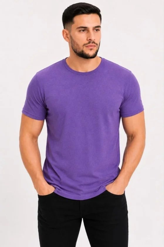 Erkek Basic Tişört Bisiklet Yaka Kısa Kol Günlük Yazlık Slim Fit T-Shirt - Mor