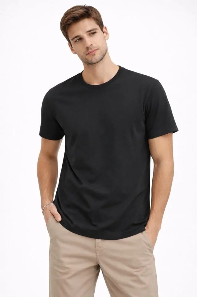 Erkek Bisiklet Yaka Tişört Regular Kalıp Basic Pamuklu Günlük Kullanım T-shirt - Siyah