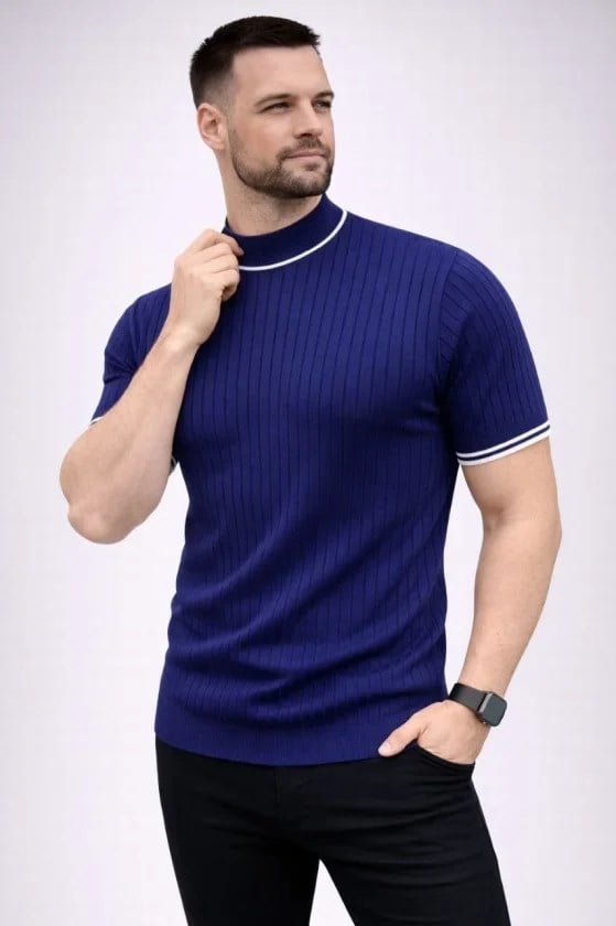 Erkek Fitilli Triko Dokuma Kısa Kol Tişört Yarım Boğaz Modern Yazlık T-Shirt - Lacivert