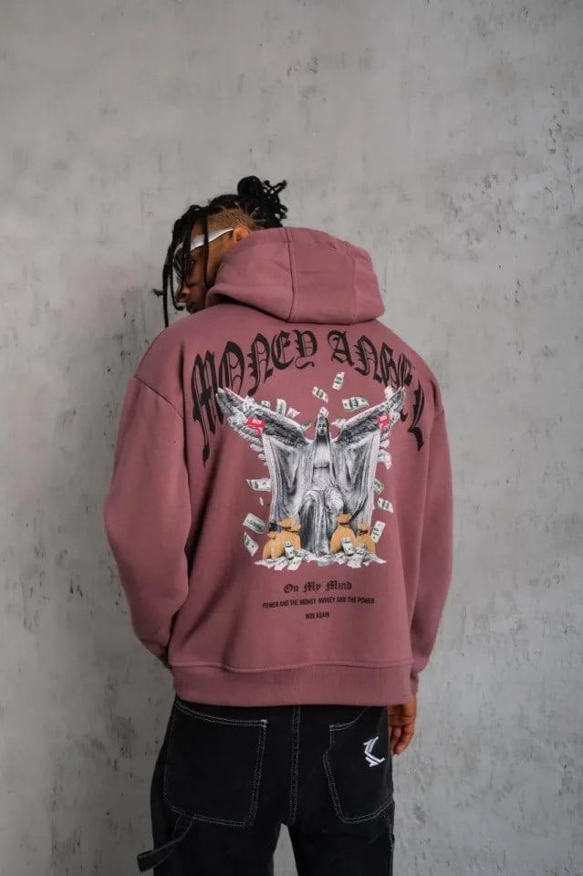 Erkek Kordon İpli Baskılı Kapüşonlu Sweatshirt - Gül Kurusu