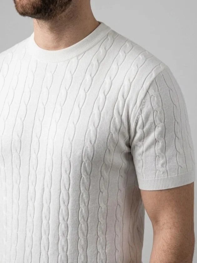 Erkek Yazlık Triko Dokuma Tişört Kısa Kol Bisiklet Yaka Örgü Desenli T-Shirt - Beyaz