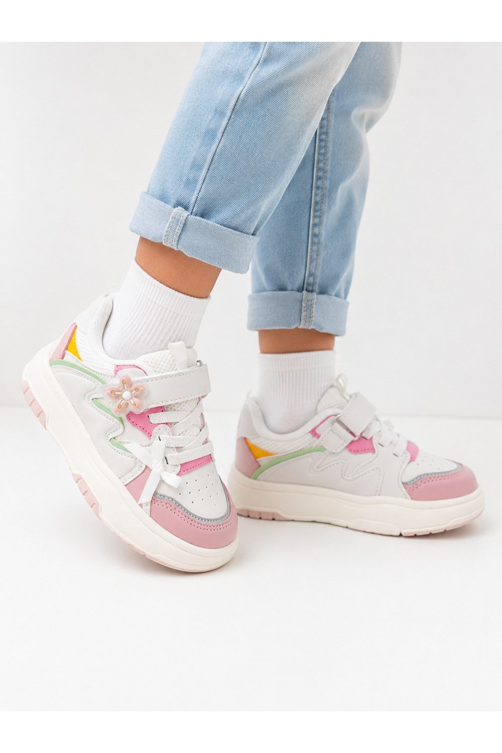 Kız Çocuk Spor Ayakkabı Cırt Cırtlı Kalın Taban Günlük Sneaker Pembe Beyaz