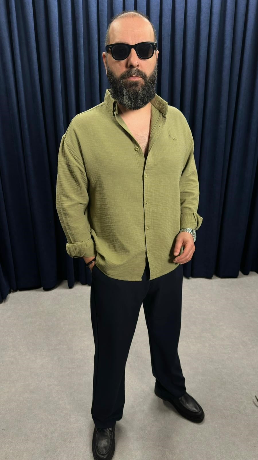 Müslin Kumaş Oversize Keten Gömlek Haki
