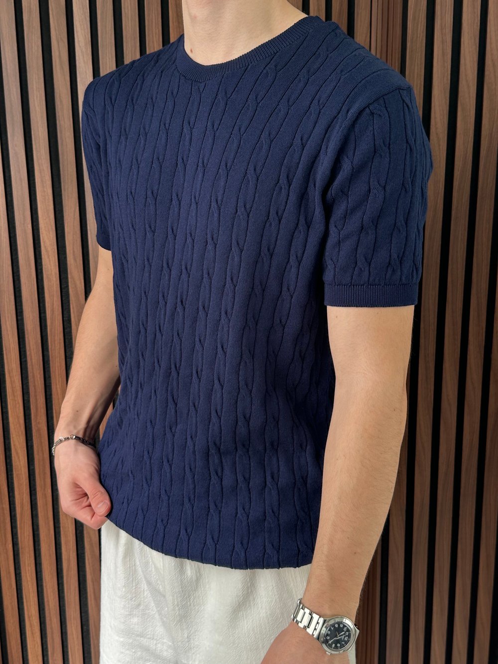 Bisiklet Yaka Örgülü Triko Tshirt Lacivert