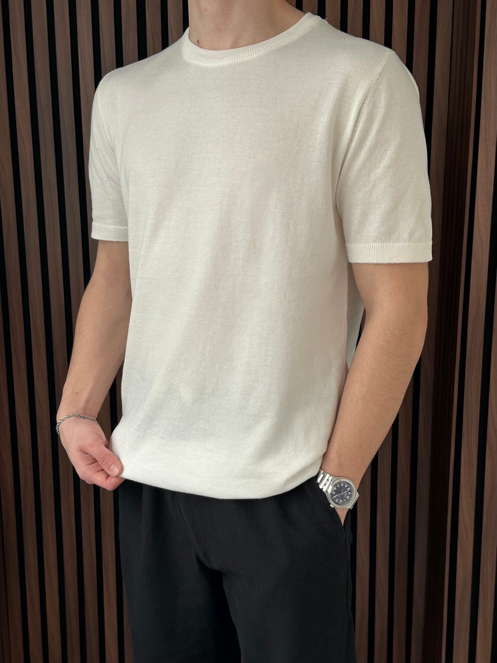 Bisiklet Yaka Yaka Triko Tshirt Beyaz