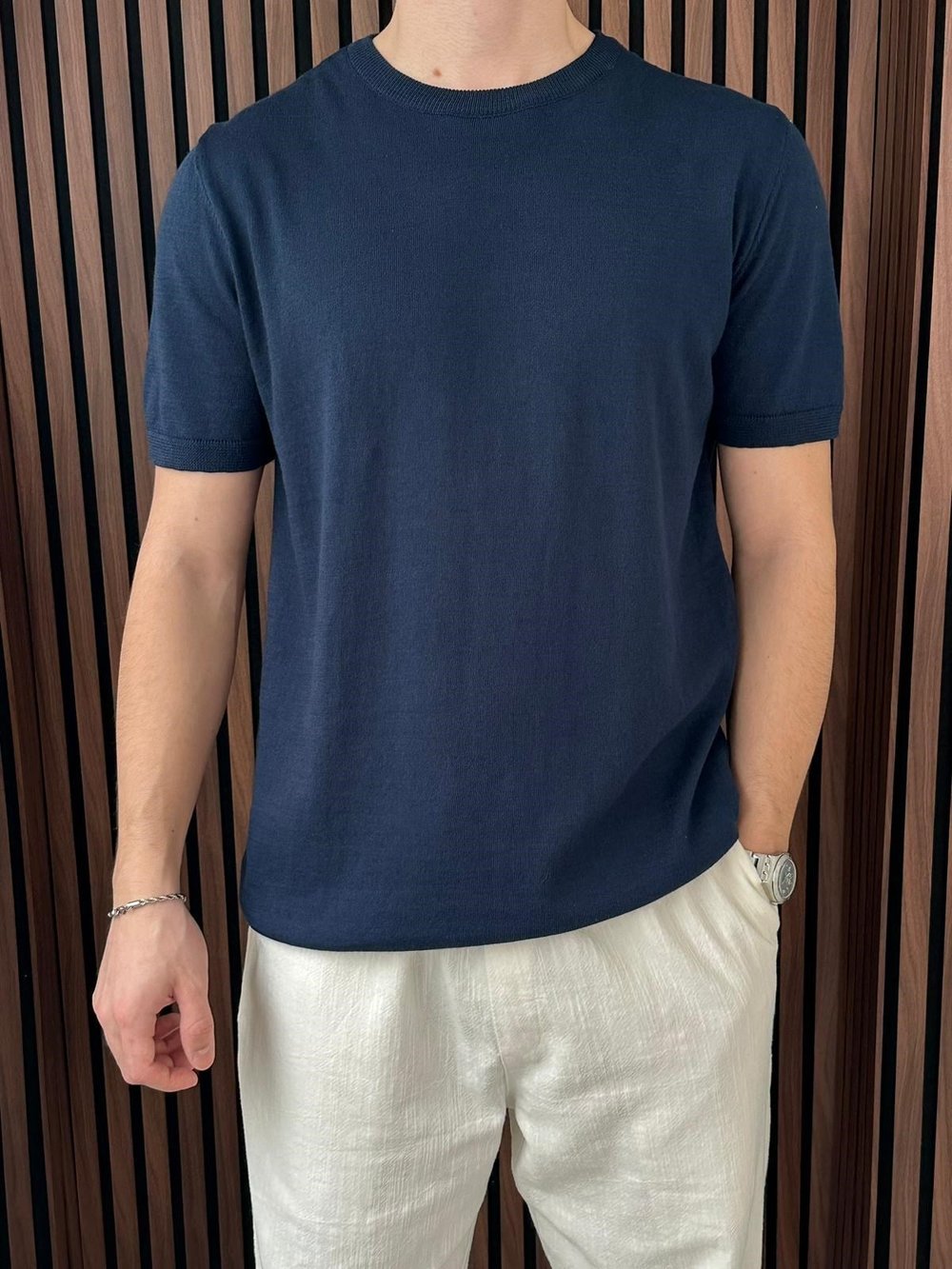 Bisiklet Yaka Yaka Triko Tshirt Lacivert