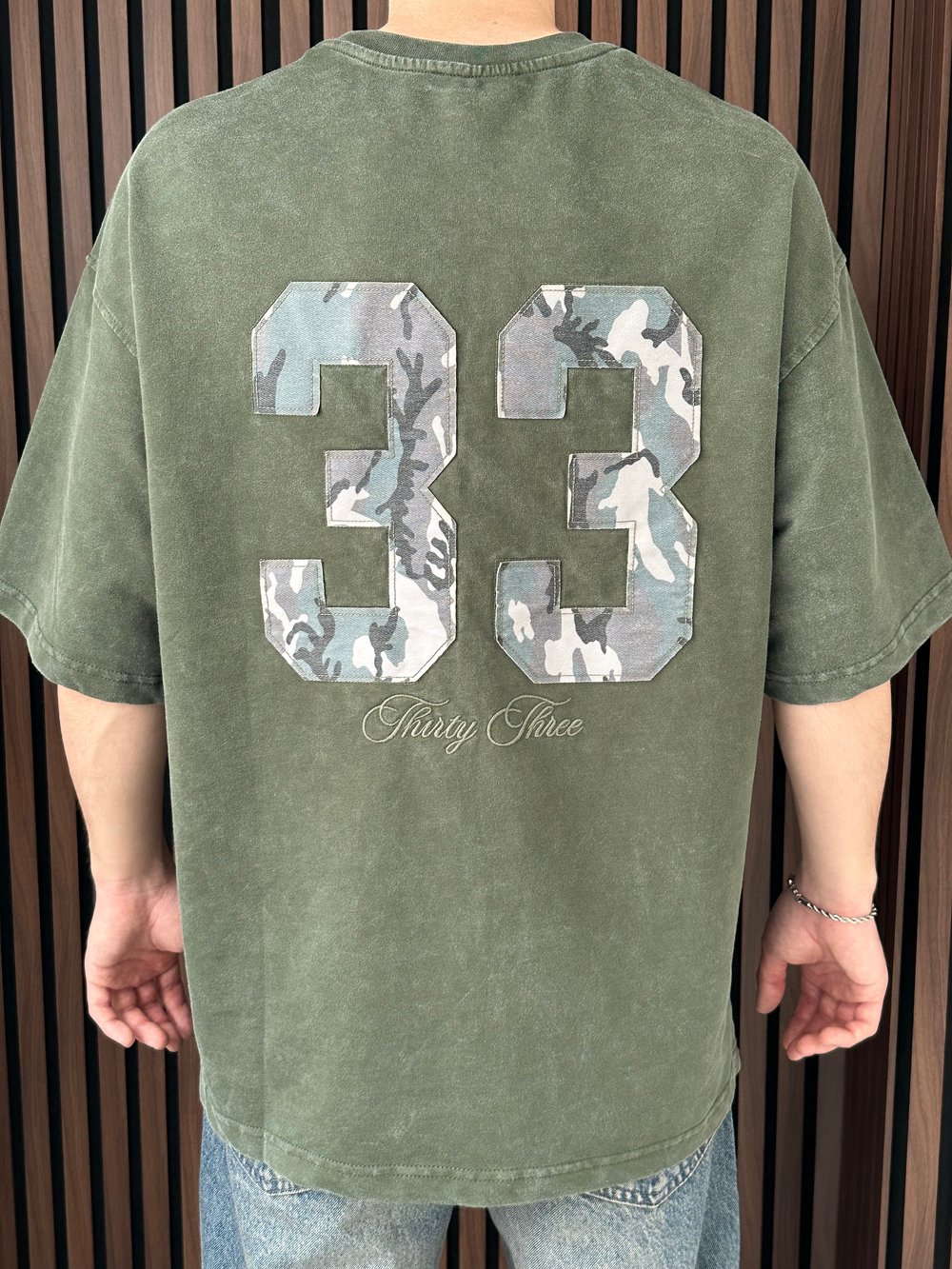 Nakışlı Yıkamalı Oversize Tshirt Haki Yeşil