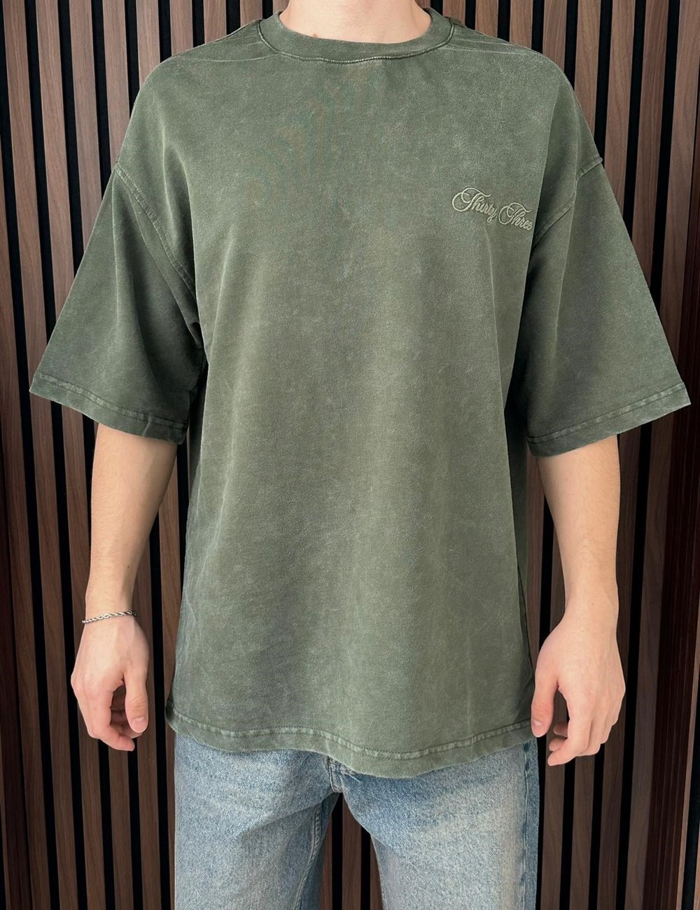 Nakışlı Yıkamalı Oversize Tshirt Haki Yeşil