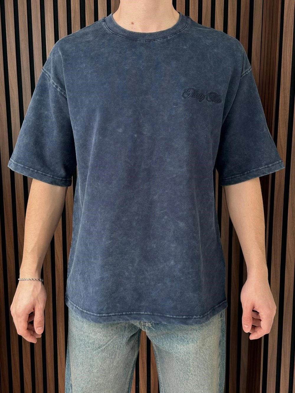 Nakışlı Yıkamalı Oversize Tshirt Lacivert